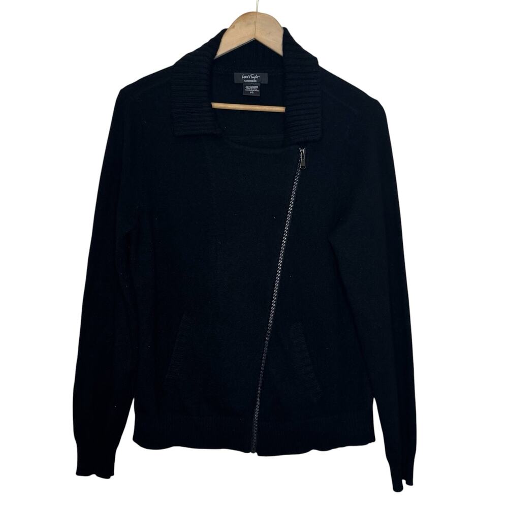 Lord & Taylor 100% Cashmere Black Sweater Asymmetrical Moto Style Collared